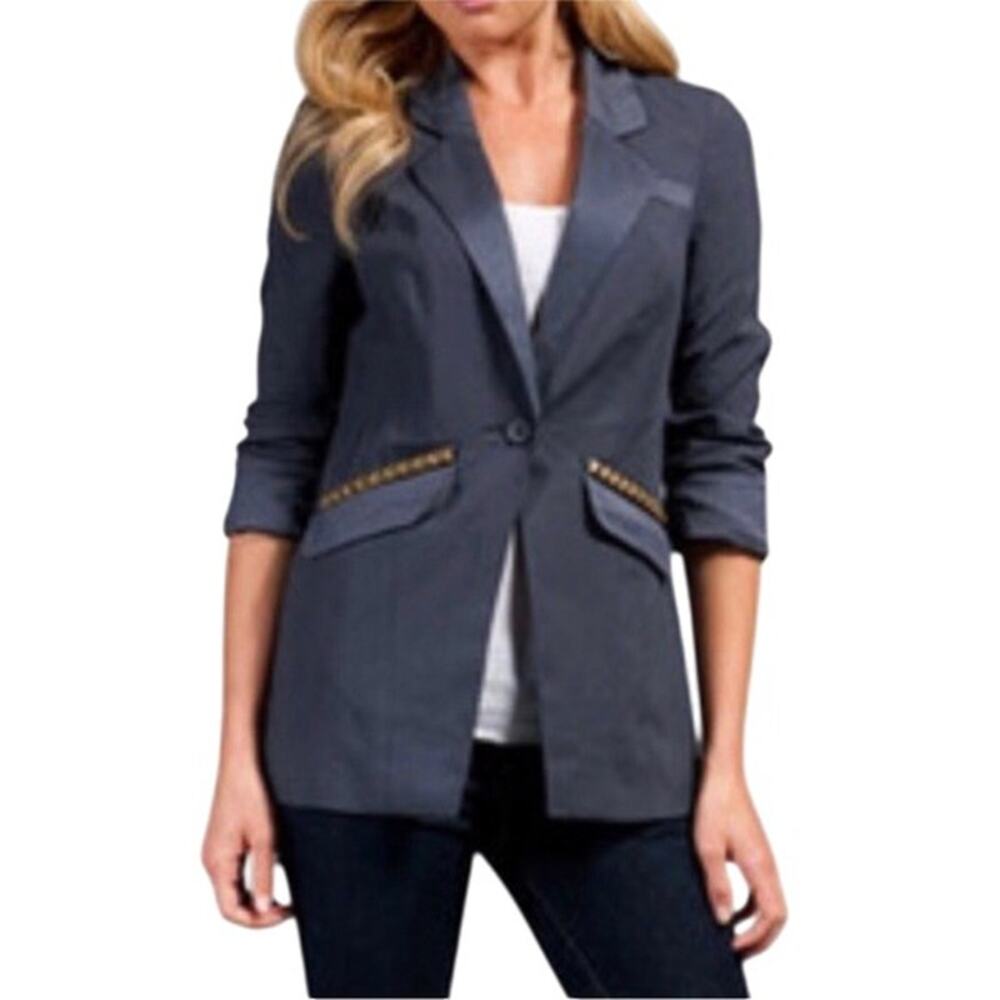 Free People Vice Studded Boyfriend Blazer Women's 10 Gray Gold Studded Indie